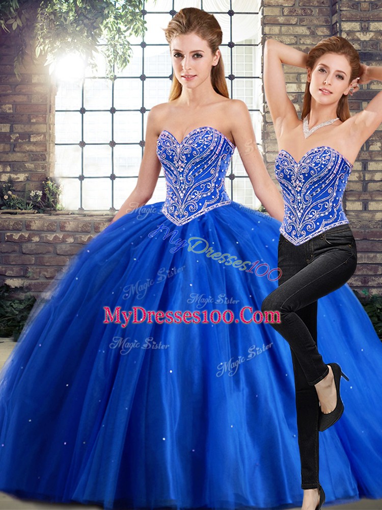 Blue Sweetheart Lace Up Beading Vestidos de Quinceanera Brush Train Sleeveless