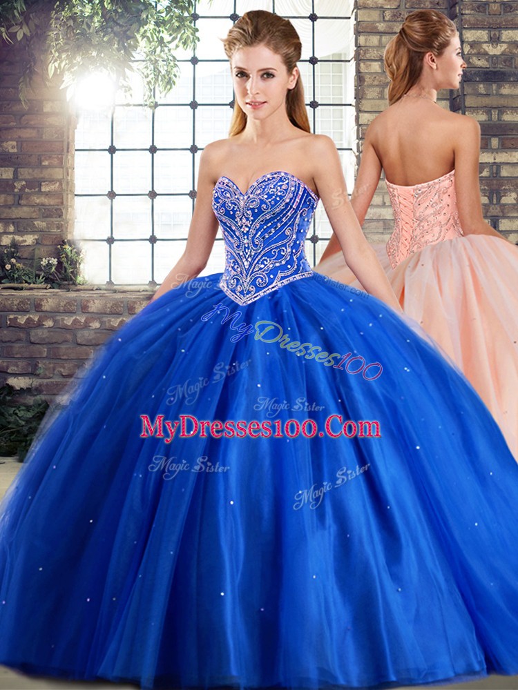 Blue Sweetheart Lace Up Beading Vestidos de Quinceanera Brush Train Sleeveless