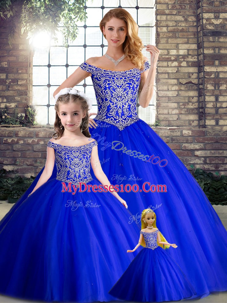 Beading Quinceanera Dresses Royal Blue Lace Up Sleeveless Brush Train
