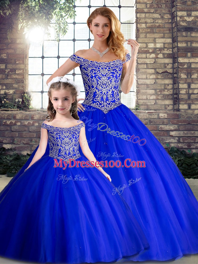 Beading Quinceanera Dresses Royal Blue Lace Up Sleeveless Brush Train