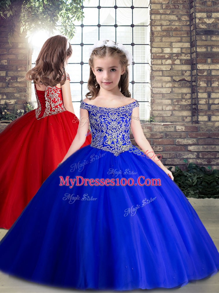 Beading Quinceanera Dresses Royal Blue Lace Up Sleeveless Brush Train