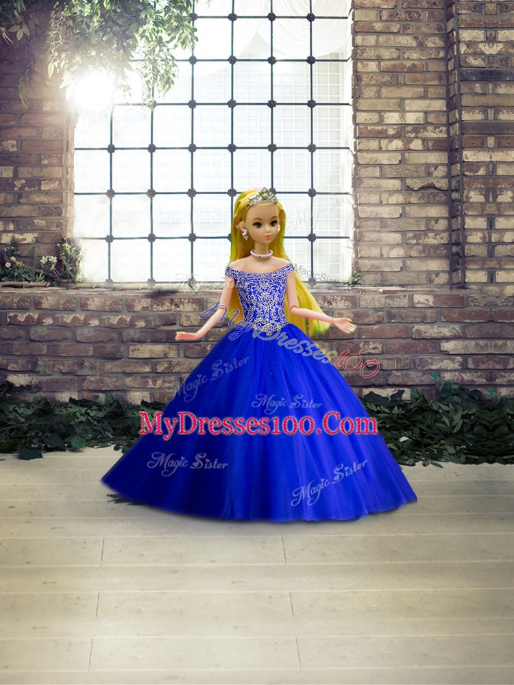 Beading Quinceanera Dresses Royal Blue Lace Up Sleeveless Brush Train