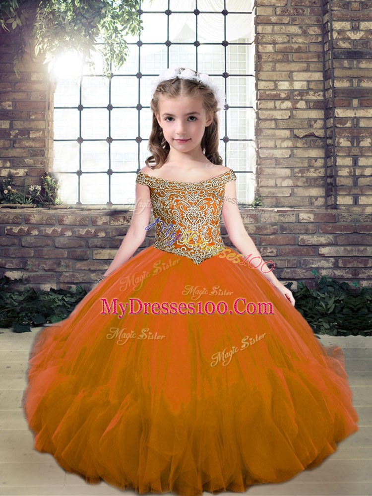 Discount Ball Gowns Girls Pageant Dresses Brown Off The Shoulder Tulle Sleeveless Floor Length Lace Up