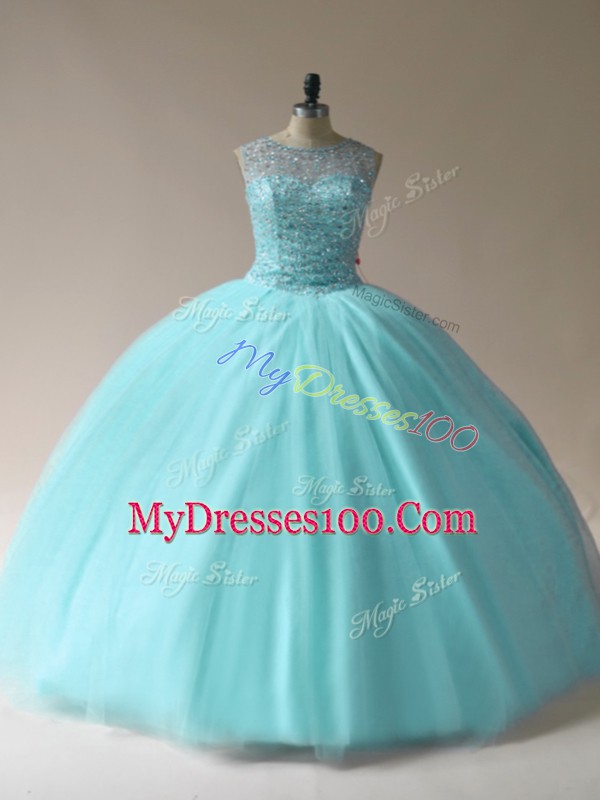 Great Ball Gowns Sweet 16 Quinceanera Dress Aqua Blue Scoop Tulle Sleeveless Floor Length Lace Up