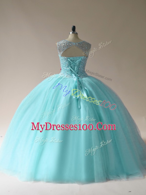 Great Ball Gowns Sweet 16 Quinceanera Dress Aqua Blue Scoop Tulle Sleeveless Floor Length Lace Up