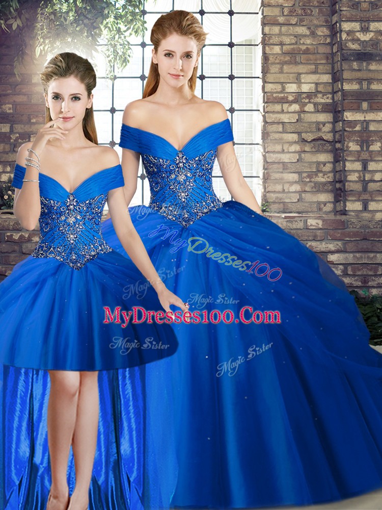 Fashion Royal Blue Lace Up 15 Quinceanera Dress Beading and Pick Ups Sleeveless Brush Train