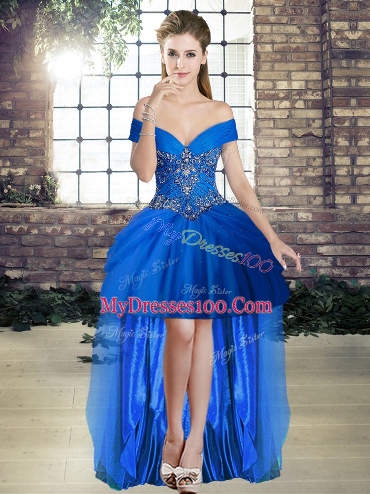 Fashion Royal Blue Lace Up 15 Quinceanera Dress Beading and Pick Ups Sleeveless Brush Train