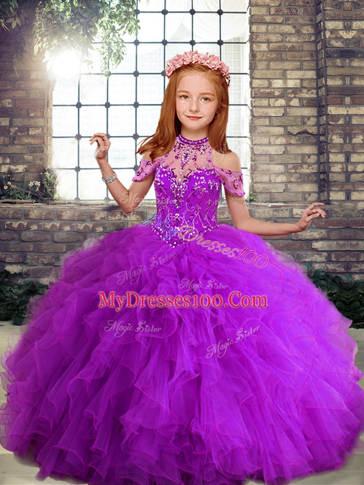 Beading and Ruffles Child Pageant Dress Purple Lace Up Sleeveless Floor Length