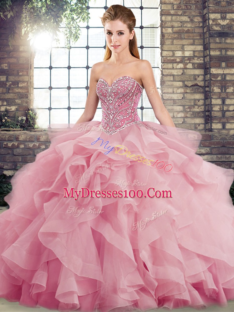 Fantastic Sleeveless Brush Train Lace Up Beading and Ruffles Quinceanera Gown