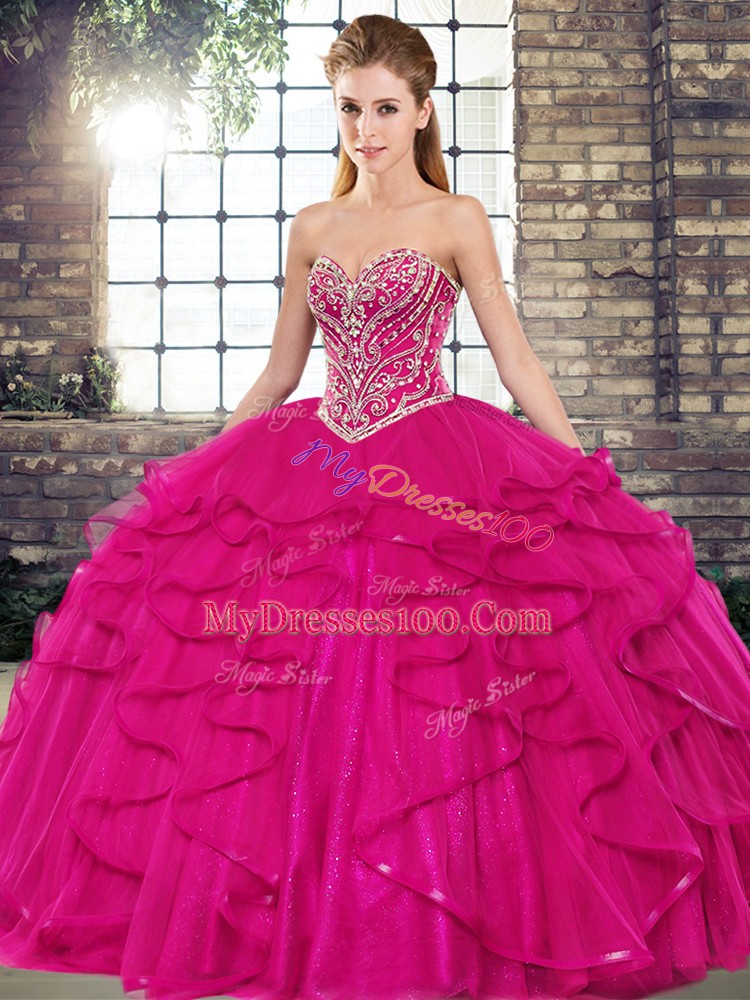 Lovely Fuchsia Sleeveless Floor Length Beading and Ruffles Lace Up Ball Gown Prom Dress