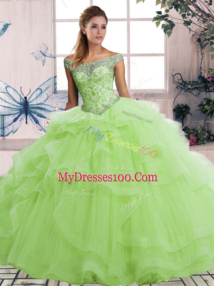 Tulle Off The Shoulder Sleeveless Lace Up Beading and Ruffles Sweet 16 Quinceanera Dress in Yellow Green
