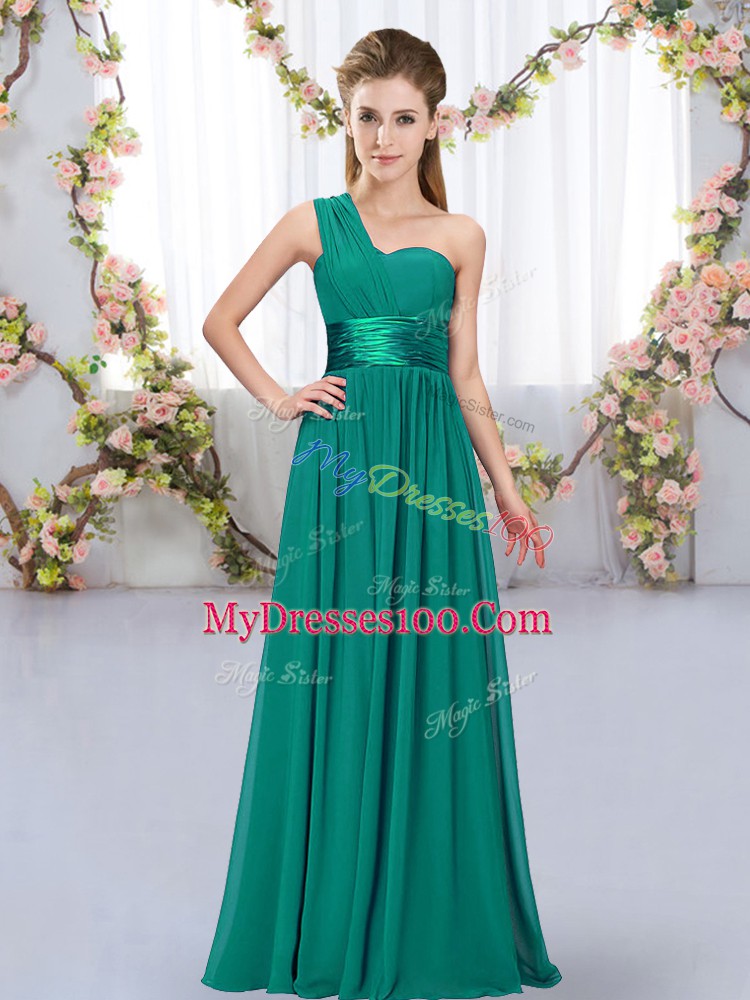 Chic Peacock Green Empire Belt Bridesmaid Dresses Lace Up Chiffon Sleeveless Floor Length