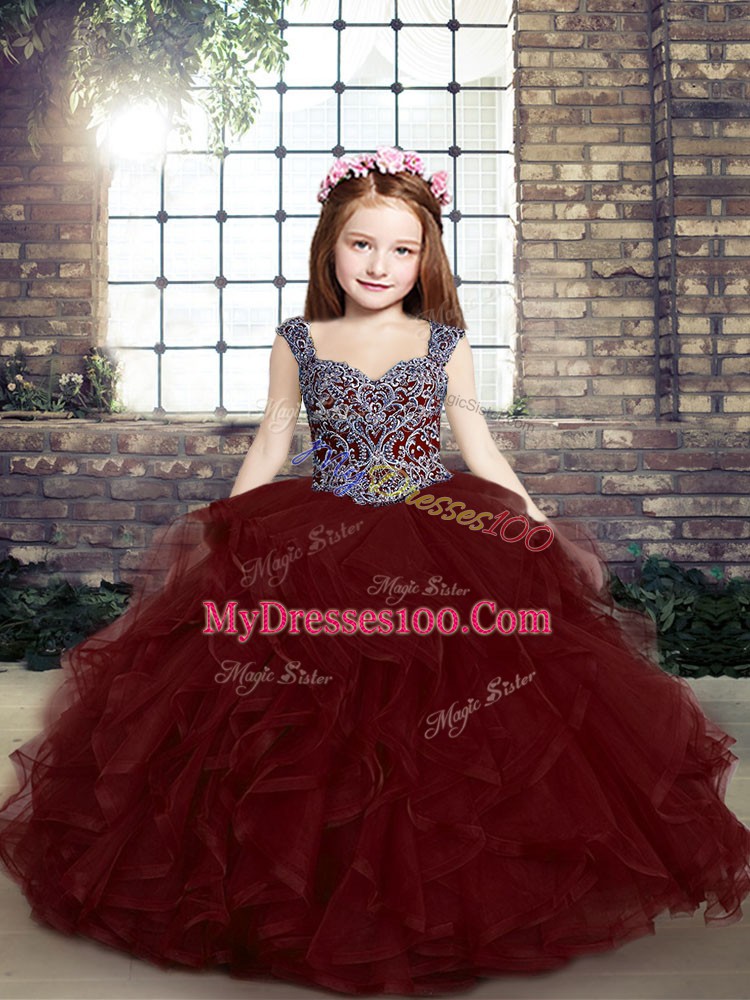 Beauteous Burgundy Lace Up Kids Pageant Dress Beading and Ruffles Sleeveless Floor Length