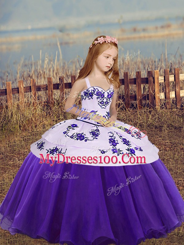 Classical Eggplant Purple and Purple Organza Lace Up Straps Sleeveless Floor Length Kids Formal Wear Embroidery