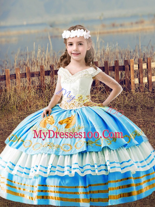 Sleeveless Floor Length Embroidery Lace Up Girls Pageant Dresses with Baby Blue