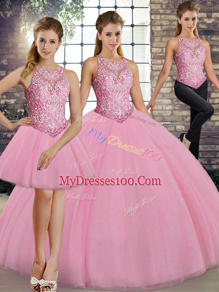 Captivating Three Pieces Sweet 16 Dress Pink Scoop Tulle Sleeveless Floor Length Lace Up