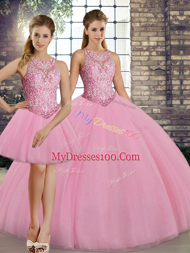 Captivating Three Pieces Sweet 16 Dress Pink Scoop Tulle Sleeveless Floor Length Lace Up