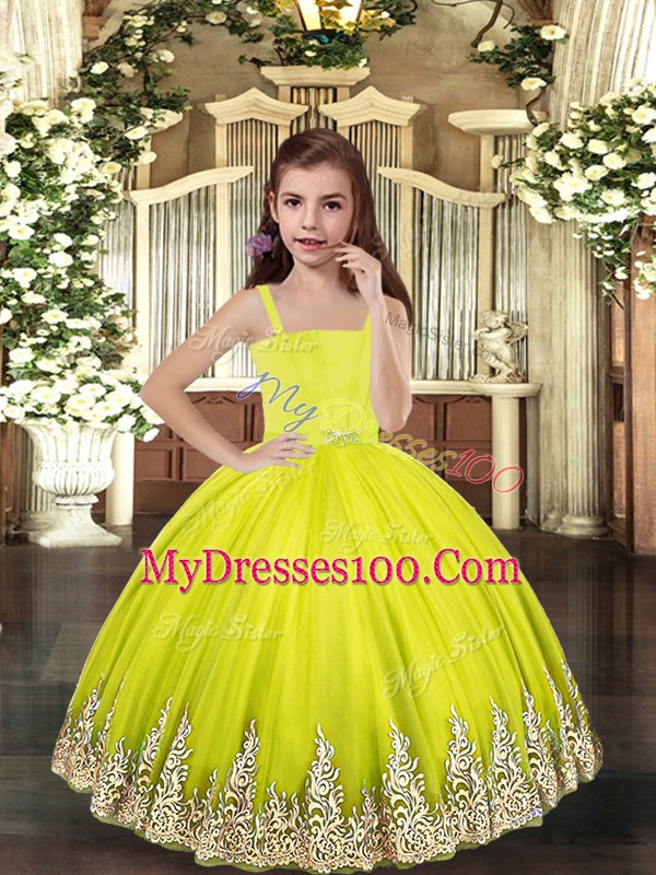Yellow Green Sleeveless Embroidery Floor Length Kids Pageant Dress