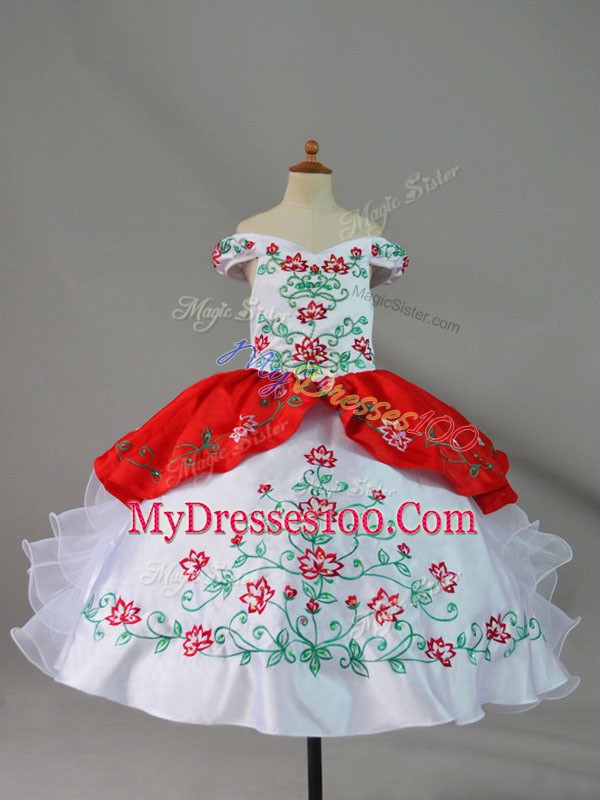 Dazzling White And Red Sleeveless Embroidery and Ruffles Floor Length Little Girls Pageant Dress