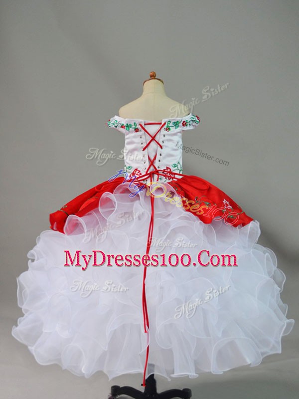 Dazzling White And Red Sleeveless Embroidery and Ruffles Floor Length Little Girls Pageant Dress