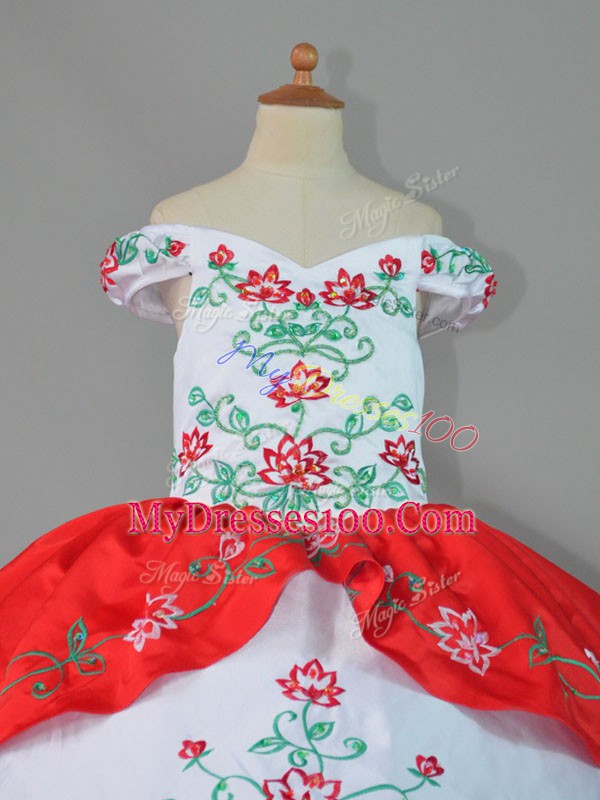 Dazzling White And Red Sleeveless Embroidery and Ruffles Floor Length Little Girls Pageant Dress