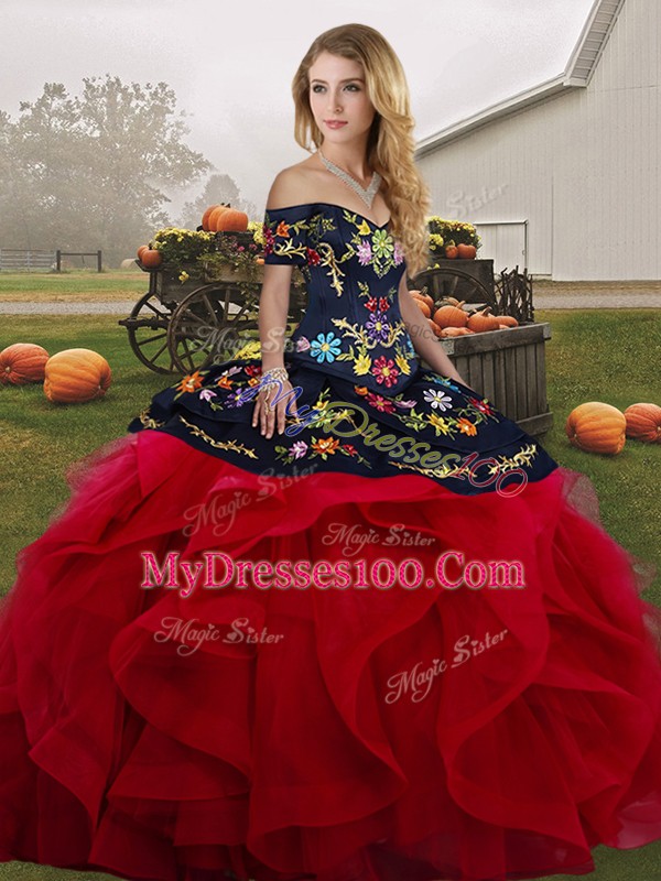 Red And Black Sleeveless Floor Length Embroidery and Ruffles Lace Up Quinceanera Dresses