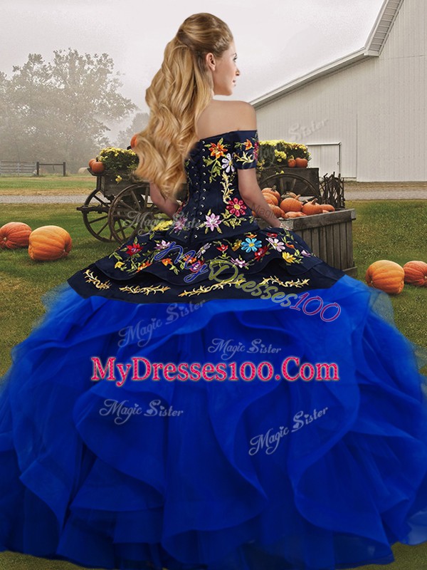 Red And Black Sleeveless Floor Length Embroidery and Ruffles Lace Up Quinceanera Dresses