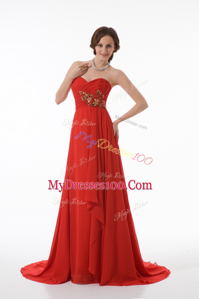 Empire Sleeveless Red Prom Party Dress Brush Train Zipper