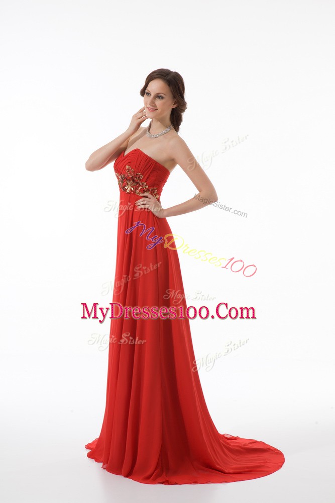 Empire Sleeveless Red Prom Party Dress Brush Train Zipper