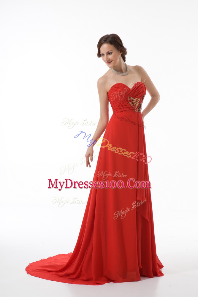 Empire Sleeveless Red Prom Party Dress Brush Train Zipper