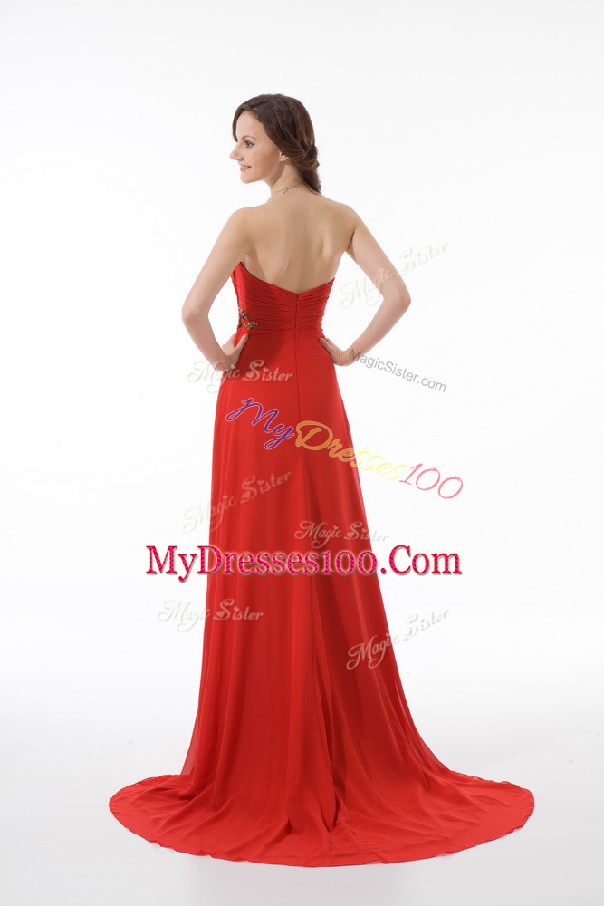 Empire Sleeveless Red Prom Party Dress Brush Train Zipper