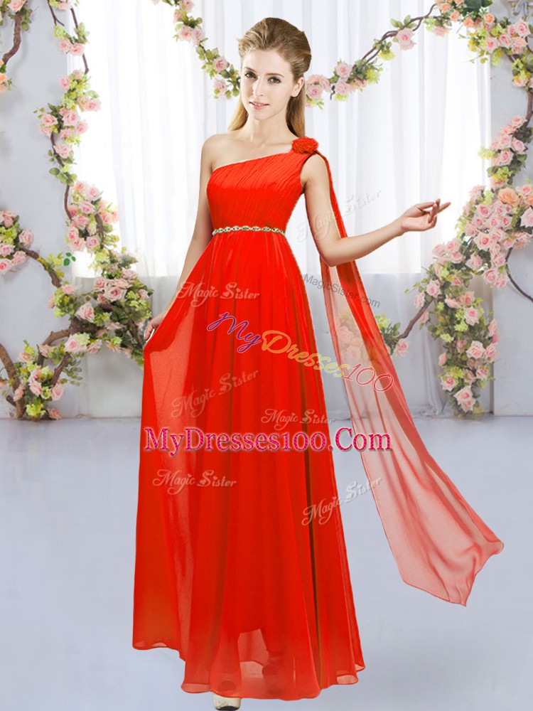 Red Empire Chiffon One Shoulder Sleeveless Beading and Hand Made Flower Floor Length Lace Up Wedding Guest Dresses