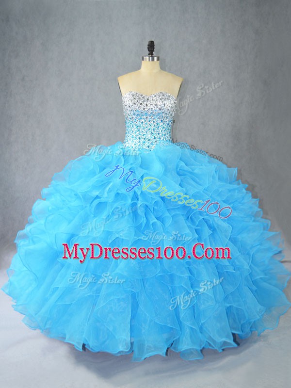 Sweetheart Sleeveless Lace Up Sweet 16 Dress Aqua Blue Organza