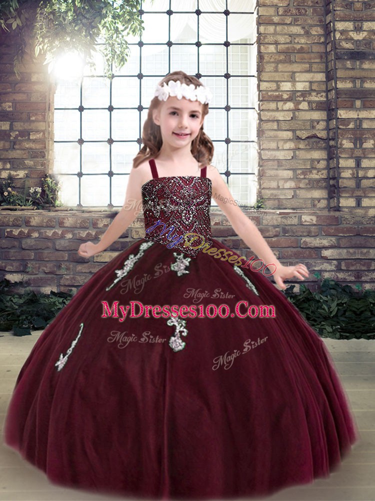 Sleeveless Floor Length Beading and Appliques Lace Up Pageant Dress for Teens with Burgundy