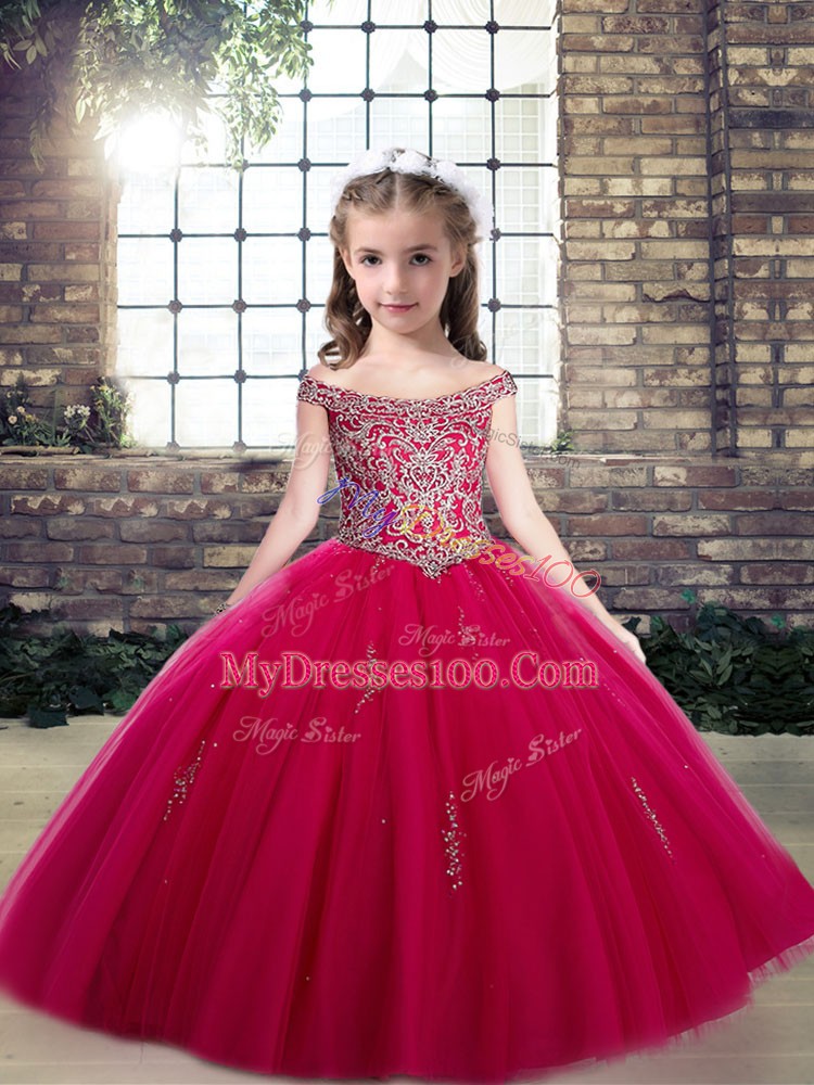 Custom Made Floor Length Lace Up Pageant Dress for Teens Hot Pink for Party and Wedding Party with Beading and Appliques