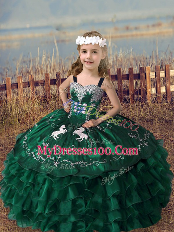 Excellent Straps Sleeveless Pageant Dresses Floor Length Embroidery and Ruffled Layers Dark Green Organza