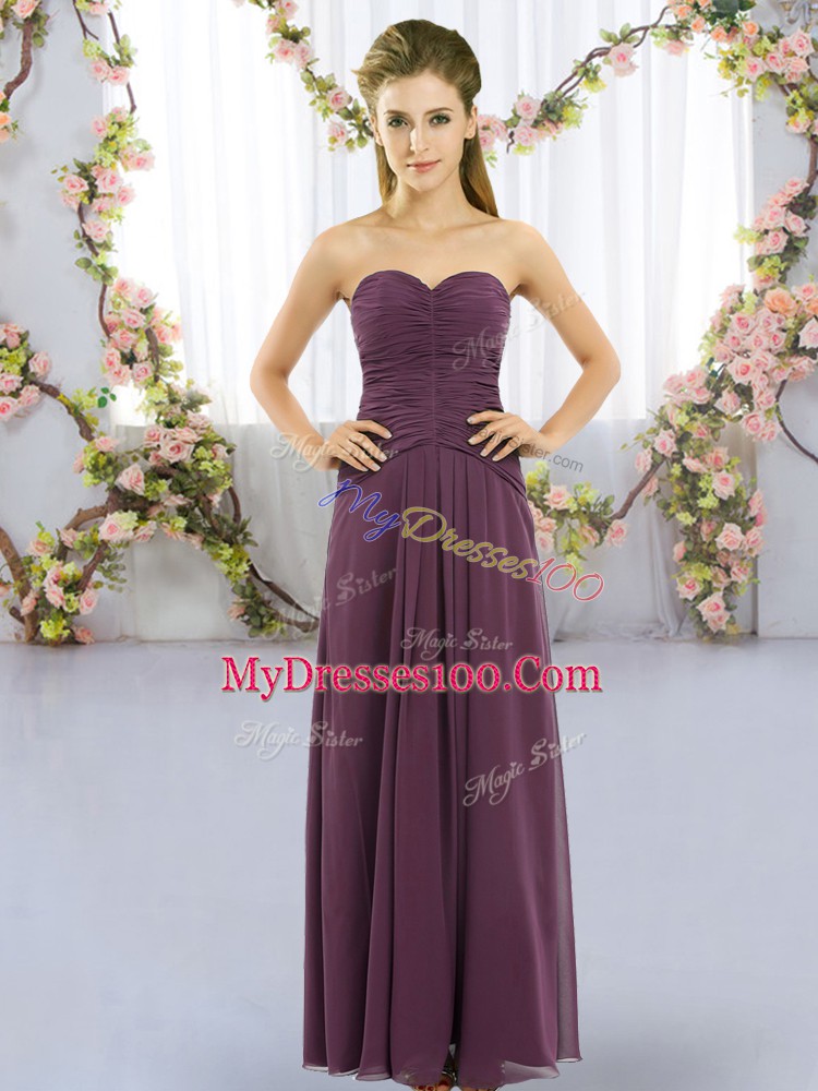Sleeveless Chiffon Floor Length Lace Up Wedding Party Dress in Dark Purple with Ruching