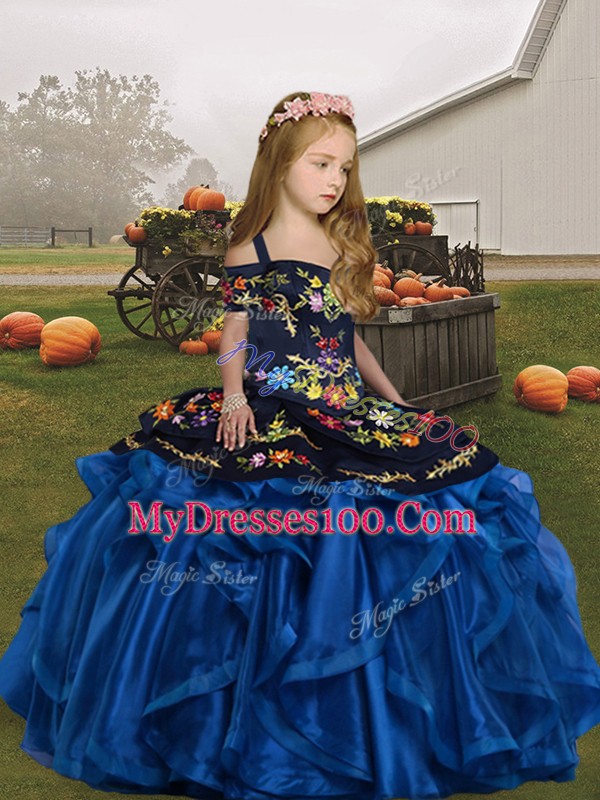 Pretty Blue Ball Gowns Straps Sleeveless Organza Floor Length Lace Up Embroidery and Ruffles Winning Pageant Gowns
