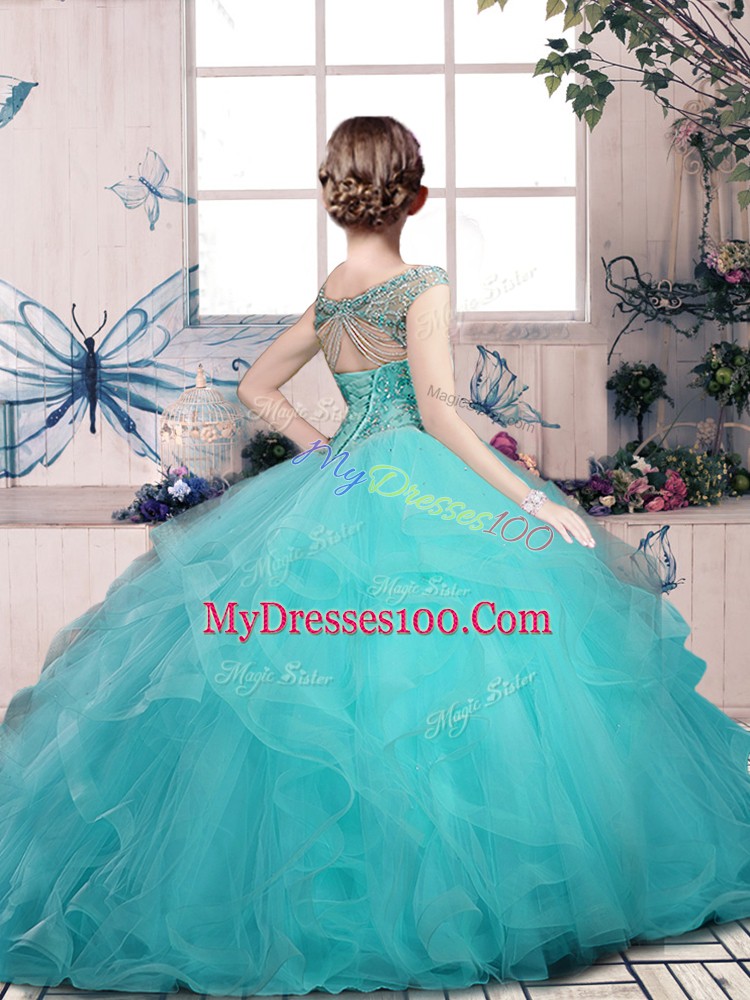 Best Lilac Tulle Lace Up Off The Shoulder Sleeveless Floor Length Little Girls Pageant Dress Wholesale Beading and Ruffles