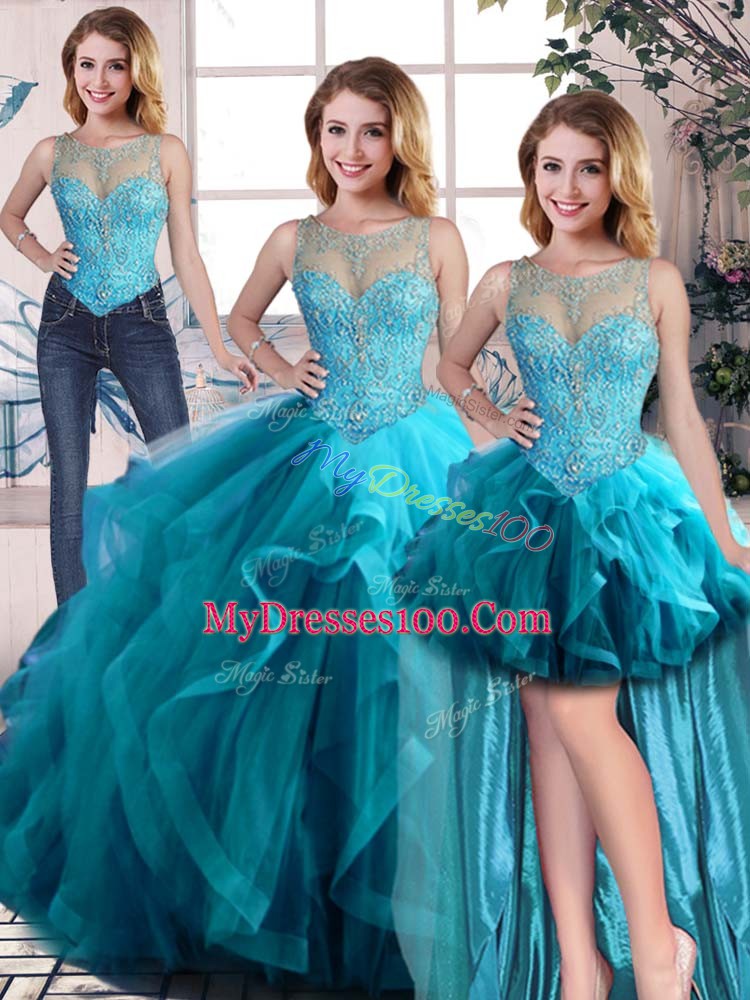 Three Pieces Quinceanera Gown Aqua Blue Scoop Tulle Sleeveless Floor Length Lace Up