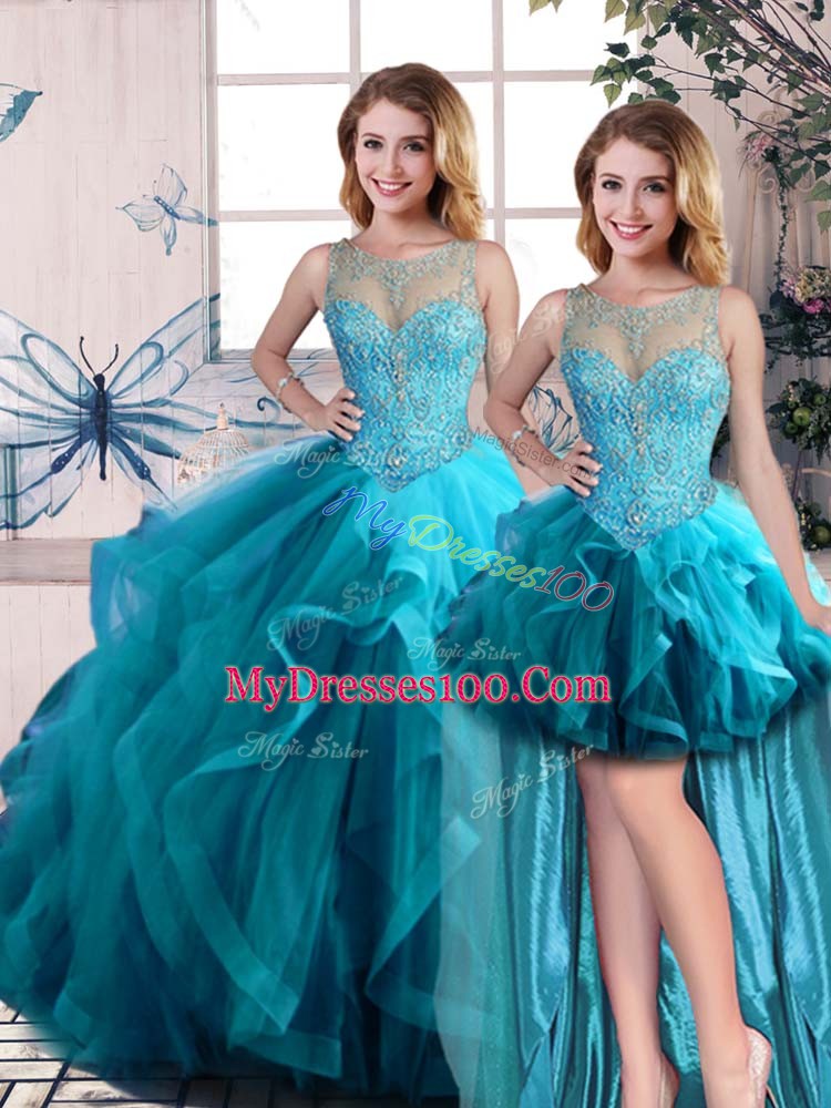 Three Pieces Quinceanera Gown Aqua Blue Scoop Tulle Sleeveless Floor Length Lace Up