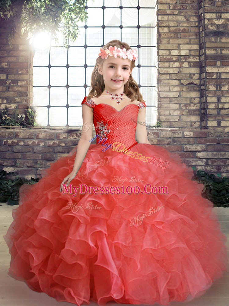 Red Ball Gowns Organza Straps Sleeveless Beading Floor Length Lace Up Winning Pageant Gowns