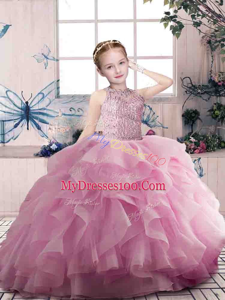Scoop Sleeveless Zipper Pageant Dress for Teens Pink Organza