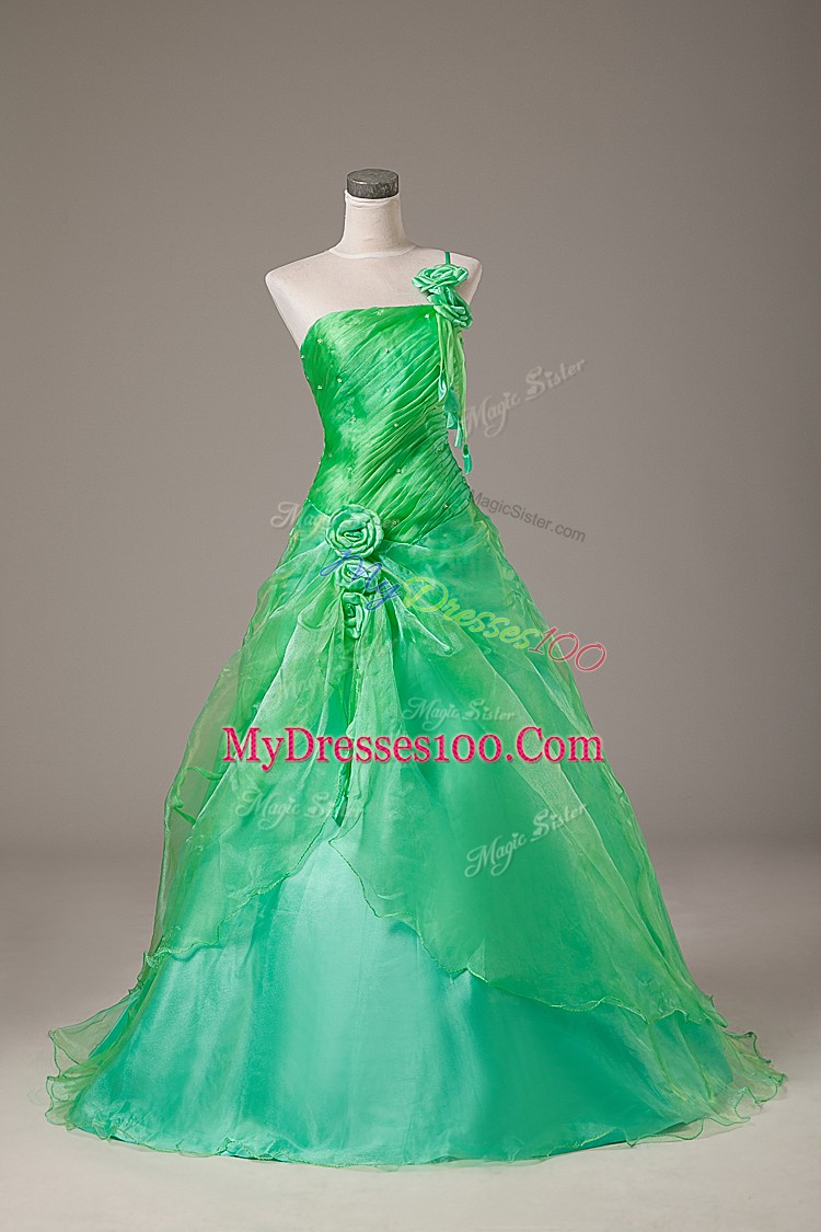 Green Organza Lace Up Quinceanera Gown Sleeveless Floor Length Hand Made Flower