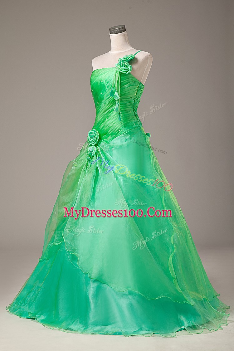 Green Organza Lace Up Quinceanera Gown Sleeveless Floor Length Hand Made Flower