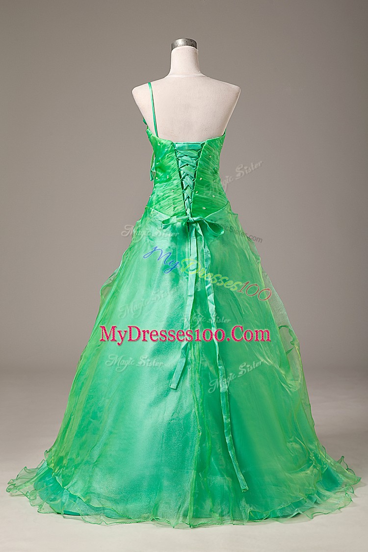 Green Organza Lace Up Quinceanera Gown Sleeveless Floor Length Hand Made Flower