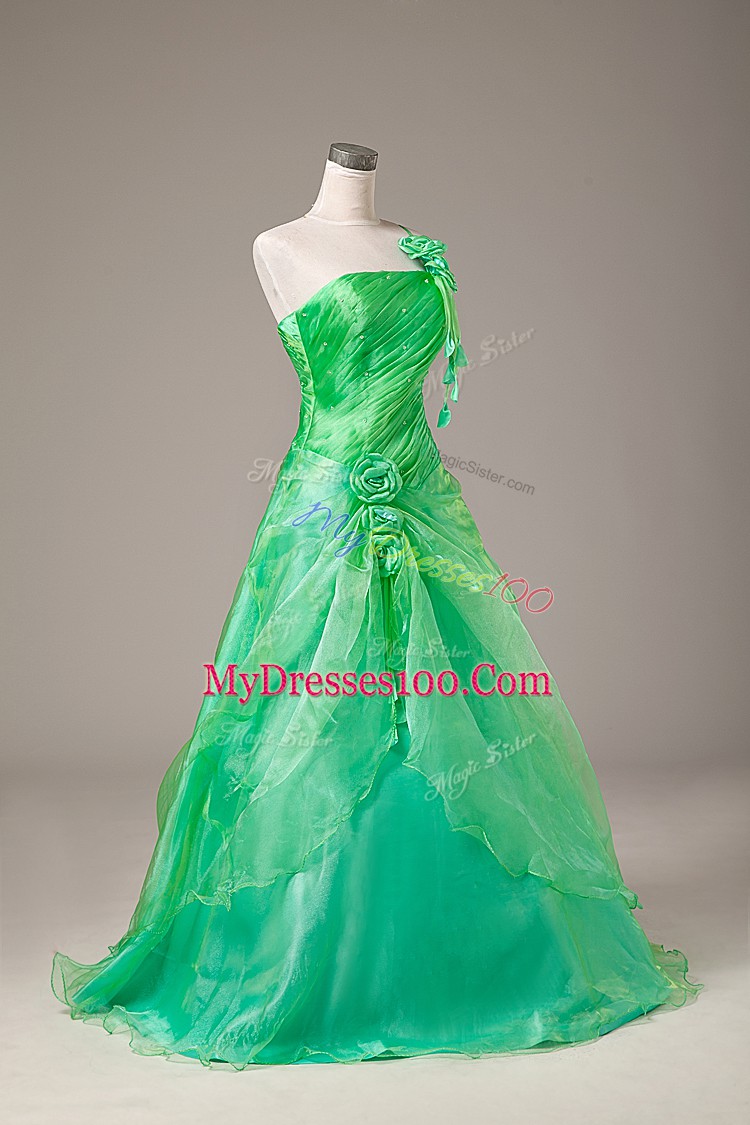 Green Organza Lace Up Quinceanera Gown Sleeveless Floor Length Hand Made Flower