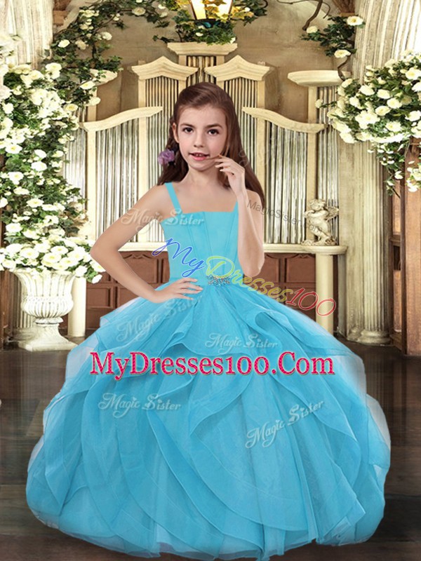 Blue Sleeveless Floor Length Ruffles Lace Up Pageant Gowns