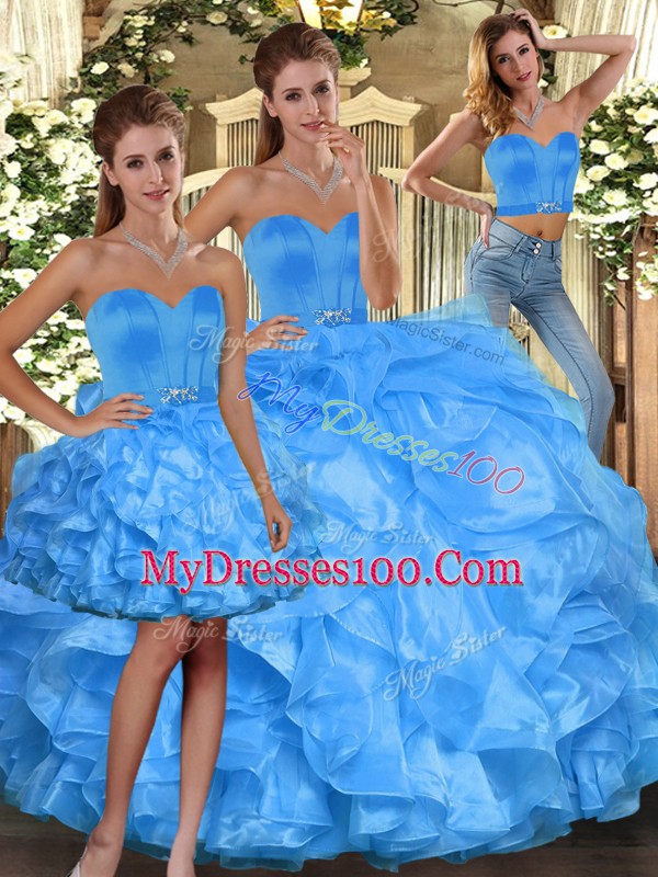 Baby Blue Sleeveless Organza Lace Up 15 Quinceanera Dress for Sweet 16 and Quinceanera