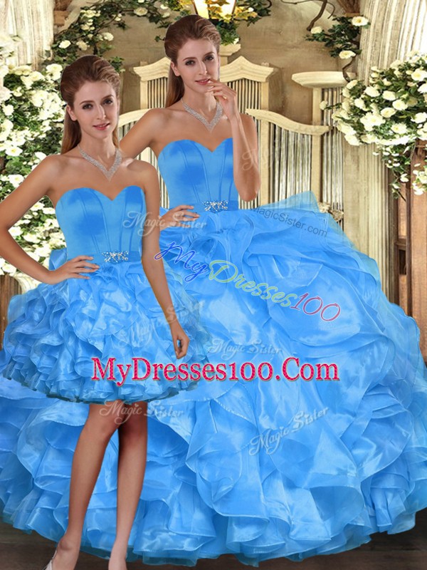 Baby Blue Sleeveless Organza Lace Up 15 Quinceanera Dress for Sweet 16 and Quinceanera